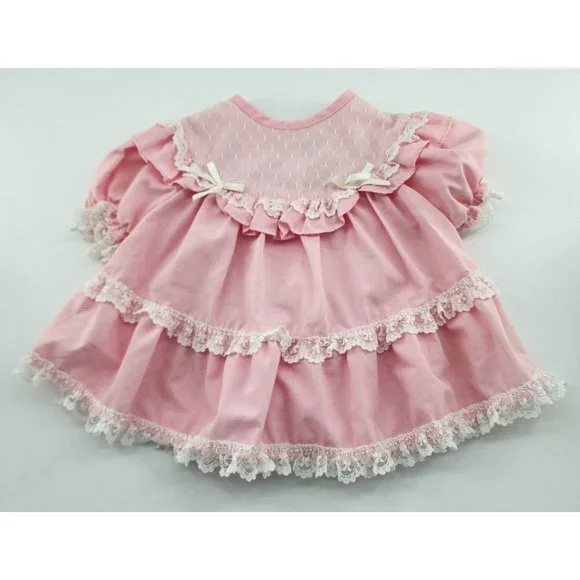 Vtg Baby Girls Pink Tiered Ruffle White Lace Trim Dress/Bloomers RN 50255 Sz 18M - Picture 2 of 16